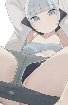 1girl black_panties blue_bra blue_eyes blue_hair blunt_bangs bra breasts collarbone grey_shirt grey_shorts highres hiroki_(yyqw7151) looking_at_viewer open_clothes open_shirt original panties shirt shorts simple_background small_breasts solo underwear white_background