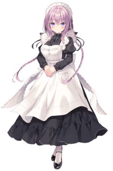 1girl apron black_dress blue_eyes braid dress full_body long_hair looking_at_viewer maid maid_headdress own_hands_together pink_hair rubi-sama seira_(rubi-sama) smile solo tachi-e transparent_background twin_braids yume_utsutsu_quintet