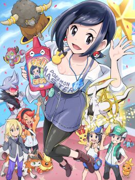 3boys 3girls absurdres arceus armband bag baseball_cap bettie_(pokemon) black_hair black_shirt blonde_hair blue_skirt breasts coat collarbone earrings eyelashes flareon fur-trimmed_coat fur_trim gen_1_pokemon gen_4_pokemon gen_6_pokemon gen_7_pokemon gloves grey_eyes grey_hair hair_bun hairband hat highres holding hoopa hoopa_(confined) jacket jewelry kana_(pokemon) lear_(pokemon) legendary_pokemon long_sleeves looking_at_viewer lycanroc lycanroc_(dusk) multiple_boys multiple_girls mythical_pokemon navel necktie nintendo off_shoulder open_clothes open_jacket open_mouth pants paulo_(pokemon) pikachu pokemoa pokemon pokemon_(creature) pokemon_masters_ex poryphone purple_hair red-tinted_eyewear red_hair red_necktie scottie_(pokemon) shirt short_hair short_sleeves shorts skirt smile spiked_hair sunglasses swept_bangs teeth tina_(pokemon) tinted_eyewear tongue upper_teeth_only white_coat white_jacket white_shirt
