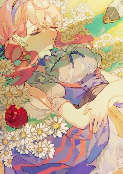 1girl apple blue_ribbon closed_eyes commentary_request commission corset cowboy_shot flower food fruit hairband highres long_hair low_twintails lying neck_ribbon on_back original pink_hair puffy_short_sleeves puffy_sleeves purple_corset purple_hairband ribbon shinjitsu_no_kuchi shirt short_sleeves skeb_commission sleeping snow_white_(fairy_tale) solo twintails white_flower white_shirt
