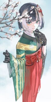 \||/ black_gloves black_hair blue_eyes blunt_bangs bob_cut bow cherry_blossoms closed_mouth cowboy_shot flower gloves gradient_background grey_hair hair_flower hair_ornament hakama hakama_skirt hashtag-only_commentary highres hololive hololive_dev_is japanese_clothes juufuutei_raden juufuutei_raden_(new_year) kimono kojitsunagi_(pattern) lace lace_gloves looking_at_viewer multicolored_hair oeoi_t red_hakama short_hair skirt tassel twitter_username two-tone_hair virtual_youtuber waist_bow white_background wide_sleeves