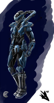 Rule 34 | 1girl, armor, armored bodysuit, artist logo, belt pouch, blue armor, blue background, blue theme, caldari state (eve online), commentary, concept art, dust 514, english commentary, eve online, full body, helmet, logo, novafox, original, pouch, science fiction