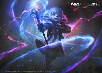 1girl blonde_hair copyright_name copyright_notice final_fantasy final_fantasy_xi floating gloves glowing highres holding holding_staff joshua_raphael mage_staff magic magic:_the_gathering official_art ojou-sama_pose pointy_ears shantotto smile solo staff tarutaru twintails