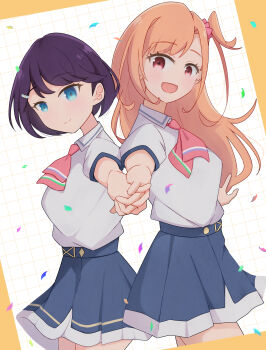 2girls ahoge azabu_mai blue_eyes blue_skirt bow bowtie brown_eyes commentary_request highres ikizulive!_love_live!_bluebird love_live! multiple_girls neckerchief omochi_box pleated_skirt purple_hair shirt skirt smule takahashi_polka white_shirt