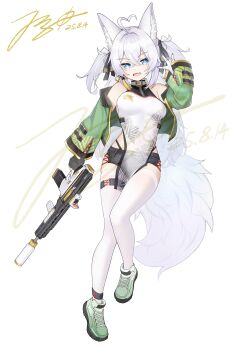 1girl absurdres adaptive_combat_rifle ahoge animal_ear_fluff animal_ears assault_rifle asymmetrical_gloves black_bow black_gloves black_shorts blue_nails bow breasts china_dress chinese_clothes chinese_commentary choker commentary_request commission crossed_bangs dated dress earrings fang fingerless_gloves fluffy fox fox_girl full_body gloves green_jacket gun hair_bow hair_intakes highres holding holding_gun holding_weapon jacket jerry_wang jewelry long_hair long_sleeves magazine_(weapon) mismatched_gloves off_shoulder open_clothes open_jacket open_mouth optical_sight original pelvic_curtain print_dress rifle see-through_clothes see-through_dress shoes short_shorts shorts side_slit signature simple_background skin_fang skindentation sleeveless sleeveless_dress small_breasts sneakers solo suppressor suspender_shorts suspenders symbol-shaped_pupils tassel tassel_earrings thigh_strap thighhighs two_side_up vertical_foregrip watermark weapon white_background white_choker white_gloves white_hair white_shoes white_tail white_thighhighs