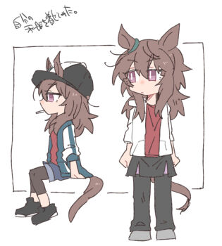 Rule 34 | 1girl, animal ears, baseball cap, beer hsk, black hat, black leggings, black pants, black shoes, black skirt, blue jacket, blue shorts, brown hair, commentary request, ears through headwear, grey shoes, hair between eyes, hat, horse ears, horse girl, horse tail, jacket, leggings, leggings under shorts, long hair, multiple views, nakayama festa (umamusume), open clothes, open jacket, pants, pants under skirt, purple eyes, red shirt, shirt, shoes, shorts, simple background, sitting, skirt, standing, tail, translation request, umamusume, white background, white jacket