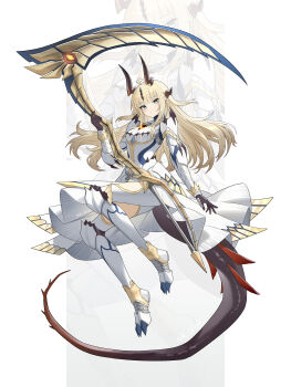 Rule 34 | 1girl, absurdres, ahoge, alternate costume, arknights, armor, artist name, blonde hair, brown gloves, brown horns, chinese commentary, closed mouth, commentary request, dress, full body, gloves, green eyes, highres, holding, holding scythe, holding weapon, horns, huge weapon, jiuyu qame, long hair, looking at viewer, monster hunter (series), pantyhose, reed (arknights), sabaton, scythe, solo, tail, weapon, white dress, white pantyhose, zoom layer
