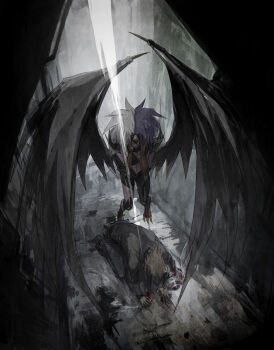 1boy 1other alley belt belt_pouch black_pants black_skirt bleeding blood blood_from_mouth blood_on_clothes blood_on_ground blood_on_hands brown_hair claws coughing coughing_blood demon_wings dirty duel_disk face_down flying grey_background hands_on_ground hands_on_own_cheeks hands_on_own_face indoors industrial injury kneeling looking_at_another looking_down moribuden multicolored_hair outdoors pants pouch purple_hair red_footwear sitting_in_shadow skirt smile toe_claws white_hair wings yu-gi-oh! yu-gi-oh!_gx yubel yuki_judai