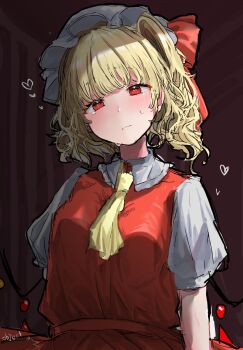 1girl ascot blonde_hair blunt_bangs blush breasts closed_mouth crystal curtains flandre_scarlet hat head_tilt heart heart-shaped_pupils highres indoors light_frown looking_at_viewer medium_breasts medium_hair mob_cap object one_side_up puffy_short_sleeves puffy_sleeves red_eyes red_vest short_sleeves sketch solo symbol-shaped_pupils tears touhou upper_body vest wavy_hair wings yellow_ascot