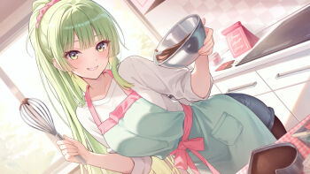1girl apron blue_shorts blush bowl chocolate collarbone green_apron green_eyes green_hair holding holding_bowl holding_whisk kitchen long_hair mixing_bowl nun_9 original pantyhose pink_ribbon pink_scrunchie pocket ribbon scrunchie shirt short_shorts shorts smile stove valentine whisk white_shirt