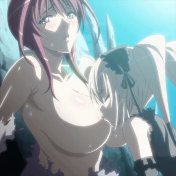 2girls age_difference animated animated_gif anime_screenshot armpit_crease arms_behind_back aroused blonde_hair blush breast_sucking breastfeeding breasts drinking_milk ekaterina_kurae gothic_lolita highres huge_breasts in_heat large_areolae lolita_fashion looping_animation multiple_girls nipple_stimulation nipples oribe_mafuyu outdoors purple_eyes red_hair restrained seikon_no_qwaser size_difference sweat torn_clothes uno_makoto yuri