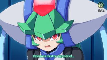 1girl english_text forehead_jewel godichi green_hair helmet highres long_hair mega_man_(series) mega_man_zx mega_man_zx_advent model_w_(mega_man) open_mouth pandora_(mega_man) red_eyes solo subtitled upper_body white_helmet