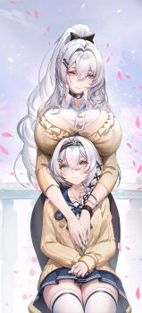 2girls absurdres age_comparison aged_down arms_on_another&#039;s_shoulder badge bead_bracelet beads black_bow black_choker black_skirt blue_bow blue_eyes blue_nails blue_sailor_collar blue_skirt blush bow bracelet breast_rest breasts breasts_on_head button_badge buttons chinese_commentary choker closed_mouth collarbone collared_shirt commentary_request crossed_bangs dual_persona earrings falling_petals frilled_sweater front-to-back gold_earrings gradient_background hair_between_eyes hair_bow hair_intakes hair_ornament hairclip highres hoop_earrings huge_breasts jewelry long_hair long_skirt multiple_girls nail_polish original own_hands_together panties pantyshot petals pink_petals ponytail q18607 railing sailor_collar second-party_source shirt short_hair sidelocks sitting skirt smile standing star_(symbol) star_hair_ornament sweater tearing_up thighhighs thighs three-quarter_sleeves underwear very_long_hair white_hair white_panties white_shirt white_thighhighs x_hair_ornament