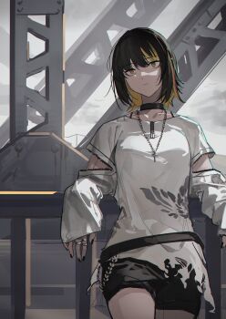 black_choker black_hair black_nails black_shorts choker cross cross_necklace expressionless grey_background highres idolmaster idolmaster_shiny_colors ikaruga_luca jewelry leaning_back long_sleeves looking_up necklace shirt short_hair shorts silver_ring white_shirt yellow_eyes yellow_highlights zhili_xingzou