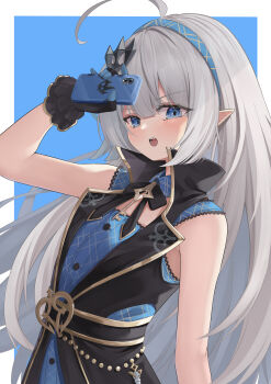 1girl absurdres ahoge arikawa_rui black_dress black_gloves black_ribbon blue_background blue_dress blue_eyes blue_hairband cellphone chess_piece coat_dress commentary dress female_tyrant_(stella_sora) frilled_gloves frills gloves hairband highres holding holding_phone huge_ahoge jewelry key key_necklace layered_dress long_hair neck_ribbon necklace outside_border phone pointy_ears ribbon smartphone solo stella_sora two-tone_background tyrant_(stella_sora) upper_body v-shaped_eyebrows very_long_hair white_background