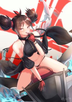 1girl artist_name azur_lane bare_shoulders breasts brown_hair detached_sleeves double_bun finger_to_mouth gloves hair_bun half_gloves highres iron_blood_(emblem) large_breasts medium_hair multicolored_hair non-humanoid_robot ntk_nartaku aged_up red_eyes red_gloves red_hair robot robot_animal streaked_hair tongue tongue_out two-tone_hair u-37_(azur_lane) water