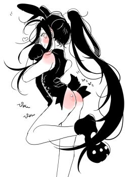 1boy ahoge alternate_costume amana_raika androgynous animal_ears animal_hands ass bare_shoulders black_hair blush bottomless closed_mouth crossdressing crossdressing_(mtf) fake_animal_ears fake_tail gloves greyscale heart long_hair looking_at_viewer looking_back male_focus male_playboy_bunny modao_zushi monochrome paw_gloves paw_shoes playboy_bunny ponytail profile rabbit_ears rabbit_tail shirt shoes sidelocks simple_background sleeveless sleeveless_shirt smile solo standing standing_on_one_leg tail trap very_long_hair wei_wuxian white_background