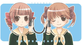 00s 2girls blush brown_eyes brown_hair drill_hair fukuzawa_yumi hair_ribbon hand_on_own_ear hand_on_own_ear hayashi_tsugumi headphones maria-sama_ga_miteru matsudaira_touko multiple_girls one_eye_closed ribbon school_uniform serafuku sharing short_twintails twintails watermark wink