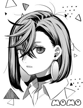 Rule 34 | 1girl, ayase momo, black choker, character name, choker, commentary, crossed bangs, dandadan, earrings, floating earrings, greyscale, hair behind ear, hair between eyes, jewelry, looking at viewer, messy hair, monochrome, mrmgn le, parted lips, portrait, shirt, short hair, solo, upper body, wing collar