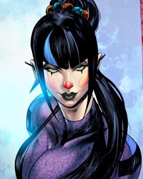 1girl alwayspressy batman_(series) black_lips dc_comics ear_piercing eyeshadow green_eyes hair_ornament makeup multicolored_hair piercing punchline_(dc) purple_shirt shirt smile solo two-tone_hair