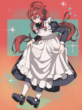 Rule 34 | 1boy, adelheid van astrea, ahoge, alternate costume, blue eyes, commentary request, dress, enmaided, evefes0805, frilled dress, frills, highres, long hair, maid, mary janes, re:zero kara hajimeru isekai seikatsu, red hair, reinhard van astrea, shoes, socks, sparkle, very long hair, white socks