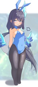 1girl animal_ears arm_at_side bare_shoulders black_hair black_pantyhose blue_collar blue_eyes blue_gloves blue_leotard blue_wings blurry blurry_background breasts bright_pupils character_request chestnut_mouth collar covered_navel cropped_legs detached_collar detached_wings fake_animal_ears floating_hair frilled_gloves frills gloves half-closed_eyes hand_on_own_hip highres honkai_(series) honkai_impact_3rd jitome kyaong legs_together leotard light_blush long_hair looking_at_viewer low_ponytail open_mouth pantyhose playboy_bunny ponytail rabbit_ears sidelocks small_breasts solo standing strapless strapless_leotard very_long_hair wings