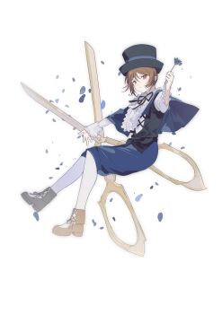 1girl absurdres black_hat black_vest blue_capelet blue_flower blue_shorts boots brown_boots brown_hair capelet closed_mouth flower full_body green_eyes hat heterochromia highres holding holding_flower lace-up_boots light_smile looking_at_viewer morgue_(southsakura) pantyhose red_eyes rozen_maiden scissors shirt short_hair shorts simple_background smile solo souseiseki top_hat vest white_background white_pantyhose white_shirt