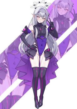 Rule 34 | 1girl, absurdres, alternate costume, bare shoulders, black gloves, black thighhighs, blue archive, blush, breasts, commentary, cosplay, covered navel, elbow gloves, english commentary, full body, gloves, gluteal fold, grey hair, grey halo, hair tubes, halo, hand on own hip, hazaky, highleg, highleg leotard, highres, himari (blue archive), impossible clothes, impossible leotard, kouyoku senki exs-tia, large breasts, leotard, long hair, looking at viewer, mechanical halo, medium breasts, mole, mole under eye, parted lips, pointy ears, purple eyes, purple halo, purple leotard, rextia, rextia (cosplay), showgirl skirt, sidelocks, simple background, skirt, smile, solo, standing, thighhighs, v, very long hair, white background, white halo, zoom layer