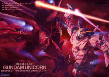 absurdres battle duel energy_sword english_text gundam gundam_unicorn highres katoki_hajime machinery magazine_scan mecha mecha_focus mobile_suit neo_zeon newtype no_humans painting_(medium) realistic robot scan science_fiction shield sinanju space sword thrusters traditional_media unicorn_gundam v-fin weapon zero_gravity