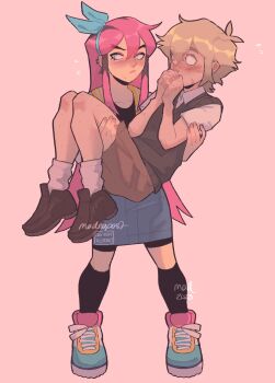 Rule 34 | 1boy, 1girl, 2023, antenna hair, artist name, aubrey (faraway) (omori), aubrey (omori), basil (faraway) (omori), basil (omori), black hair, black socks, blonde hair, blue eyes, blue hairband, closed mouth, collarbone, collared shirt, denim, denim skirt, flying sweatdrops, green sweater vest, hairband, highres, jacket, kneehighs, long hair, looking at another, madnopost, mole, mole under eye, mole under mouth, multicolored hair, omori, pink hair, reverse princess carry, scar, scar on face, scar on nose, shirt, shoes, short hair, short sleeves, sidelocks, skirt, sneakers, socks, sweater vest, white jacket, white shirt