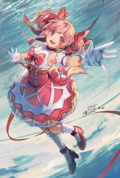 1girl absurdres bare_shoulders bow bow_choker choker commentary dated detached_sleeves dress english_commentary frilled_dress frilled_sleeves frilled_socks frills gloves hair_bow highres invalee kaname_madoka kaname_madoka_(magical_girl) magical_girl mahou_shoujo_madoka_magica mahou_shoujo_madoka_magica:_walpurgis_no_kaiten open_mouth pink_dress pink_eyes pink_hair puffy_sleeves red_bow red_choker short_sleeves short_twintails sidelocks sleeveless sleeveless_dress socks solo twintails white_gloves