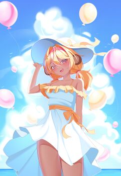 1girl absurdres animal_ears balloon bare_shoulders blonde_hair blue_sky breasts cleavage cloud dark-skinned_female dark_skin dress hairband hat highres indie_virtual_youtuber koko_d._nuts looking_at_viewer mats_kuro mole mole_on_breast monkey_ears monkey_girl open_mouth pink_eyes pink_hair sky smile standing sundress thighs twintails virtual_youtuber water white_dress white_hat
