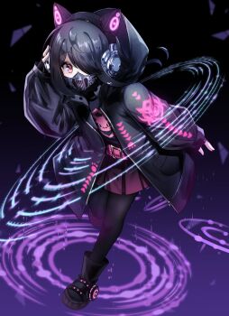 Rule 34 | 1girl, absurdres, animal ear headphones, animal ears, black background, black boots, black hair, black jacket, black thighhighs, boots, cat ear headphones, cat ears, commentary, english commentary, fake animal ears, full body, gradient background, hair over one eye, headphones, highres, hood, hood down, hooded jacket, jacket, long hair, long sleeves, looking at viewer, mask, metal mask, mouth mask, one eye covered, open clothes, open jacket, original, parted bangs, pink eyes, purple background, purple skirt, ryuuxin, skirt, sleeves past wrists, solo, thighhighs