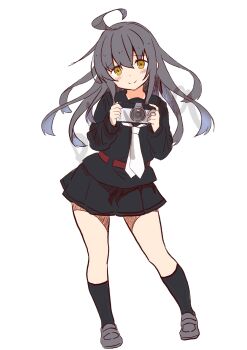 1girl absurdres ahoge black_hair black_sailor_collar black_serafuku black_shirt black_skirt brown_eyes camera commentary_request dress full_body highres holding holding_camera kantai_collection mikazuki_(kancolle) msile neckerchief playalq pleated_dress sailor_collar school_uniform serafuku shirt simple_background skirt solo white_background white_neckerchief