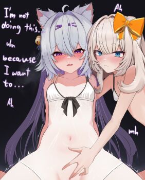 2girls absurdres blonde_hair blue_eyes blush breasts cowgirl_position embarrassed english_text filian_(vtuber) flat_chest highres implied_sex looking_at_viewer marimari_(vtuber) multiple_girls newjeffy7210 nightgown purple_eyes ribbon riding rubbing_stomach small_breasts spread_legs straddling twintails white_hair