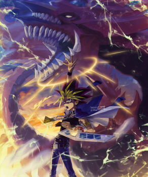 1boy absurdres arm_up belt black_belt card chain dragon duel_disk duel_monster extra_mouth highres holding holding_card male_focus millennium_puzzle muto_yugi open_mouth osiris_the_sky_dragon outdoors pants plytometo spiked_hair studded_belt wristband yu-gi-oh! yu-gi-oh!_duel_monsters