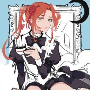 1girl 33yun :o black_bow black_dress blue_eyes bow crescent_moon dress epic_battle_fantasy flower highres maid moon natalie_(epic_battle_fantasy) open_mouth orange_hair ponytail red_flower red_rose rose sitting sketch solo unfinished