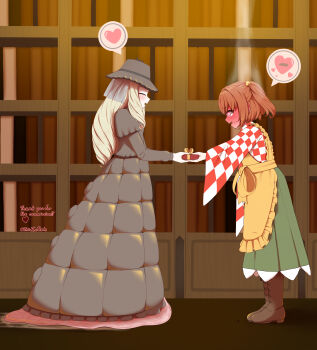 2girls @_@ absurdres apron bell black_eyes blonde_hair blush book boots brown_boots brown_capelet brown_dress brown_hat capelet checkered_clothes checkered_kimono commentary commission crossover dress drill_hair ear_blush embarrassed english_commentary english_text full-face_blush gift green_skirt hair_bell hair_ornament hat heart highres japanese_clothes kimono library long_dress long_hair long_sleeves melk_(mon-musu_quest!) mon-musu_quest! monster_girl motoori_kosuzu mucus multiple_girls open_mouth orange_hair red_eyes short_hair skirt slug slug_girl smile spoken_heart steaming_body sweat thisisrals touhou twintails twitter_username veil vgen_commission wide_sleeves yellow_apron yuri