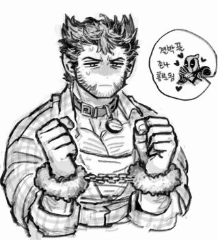 2boys beard chest_hair closed_mouth collar commentary_request cuffs deadpool deadpool_&amp;_wolverine deadpool_(series) dishing facial_hair fuzzy_handcuffs greyscale handcuffs heart korean_commentary large_pectorals male_focus marvel mask monochrome multiple_boys muscular muscular_male pectorals shirt sweatdrop translation_request wolverine_(x-men) x-men yaoi