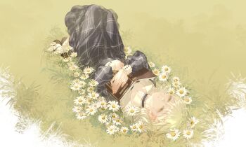 1girl absurdres bang_dream! bang_dream!_it's_mygo!!!!! blue_dress book chamomile chinese_commentary choker commentary_request dress field flower flower_field frilled_choker frills full_body grass green_hair half-closed_eyes highres holding holding_book knees_up long_hair long_sleeves lying on_back on_grass open_book outdoors plaid_clothes plaid_dress sidelocks sleepy solo wakaba_mutsumi white_flower yellow_eyes zhong_er_bing