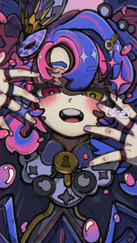 1girl blue_hair collar commentary_request dress eye_mask heterochromia highres jewelry key_hair_ornament lock looking_at_viewer mask mask_on_head multicolored_hair multiple_rings pink_background pink_eyes pink_hair purple_hair ring roccia_(wuthering_waves) shisunomiunko symbol-shaped_pupils twintails two-tone_hair wuthering_waves x-shaped_pupils yellow_eyes