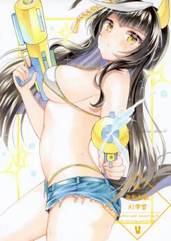 1girl absurdres bikini bikini_bottom_under_shorts bikini_under_clothes blue_shorts blush breasts calstone_light_o_(umamusume) closed_mouth commentary_request cowboy_shot denim denim_shorts from_side highres holding holding_water_gun large_breasts looking_at_viewer looking_to_the_side marker_(medium) micro_shorts multicolored_hair shin_kun30 shorts signature solo sparkle standing straight_hair streaked_hair string_bikini super_soaker swimsuit torn_clothes torn_shorts traditional_media umamusume v-bangs water water_drop water_gun watermark white_background white_bikini white_streaks yellow_eyes