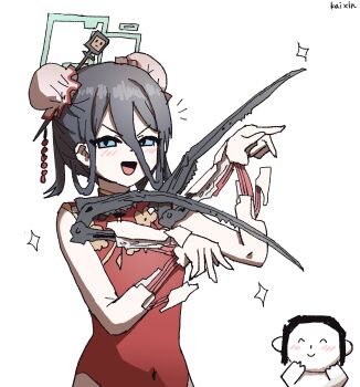 absurdres alternate_costume aris_(blue_archive) blue_archive china_dress chinese_clothes commentary cyberpunk_(series) cyberpunk_2077 doodle_sensei_(blue_archive) dress hair_ornament hairpin halo highres kai_xin mantis_blades_(cyberpunk) red_dress sensei_(blue_archive) short_hair smile symbol-only_commentary tagme