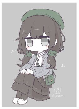 1girl black_pantyhose black_skirt book_off border cardigan chibi chibi_only closed_mouth full_body green_bag green_scrunchie grey_background grey_cardigan grey_eyes hair_ornament hair_scrunchie highres hyouenn invisible_chair kurobe_nanoka long_hair long_sleeves looking_at_viewer low_twintails mahou_shoujo_no_majo_saiban official_alternate_costume pantyhose scrunchie shirt shoes signature simple_background sitting skirt solo twintails twitter_username white_border white_shirt white_shoes