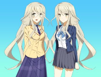 2girls alion_9715 awafuji_school_uniform blazer blue_background blue_jacket blush bow breasts brown_jacket chaos;head chest_bow closed_mouth collared_shirt commentary cowboy_shot dress_shirt glasses green_eyes green_hair hair_ornament hairpin happy highres jacket kusunoki_mia kusunoki_yua lapels long_hair long_sleeves looking_at_viewer medium_breasts miniskirt multiple_girls necktie notched_lapels open_clothes open_jacket open_mouth petticoat plaid_clothes plaid_necktie plaid_skirt pleated_skirt purple_necktie round_eyewear school_uniform science_adventure shirt siblings simple_background sisters skirt smile striped_bow suimei_academy_school_uniform symbol-only_commentary twins very_long_hair white_shirt winter_uniform