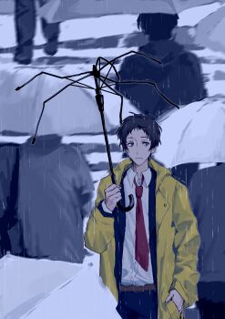 1boy absurdres adachi_tooru belt black_hair black_jacket black_pants broken_umbrella brown_belt closed_mouth coat colichili collared_shirt commentary_request crosswalk expressionless hand_in_pocket highres jacket male_focus messy_hair necktie outdoors pants people persona persona_4 rain red_necktie shirt short_hair solo white_shirt yellow_coat