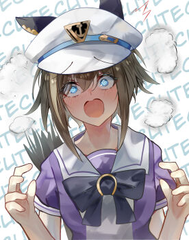 1girl @_@ animal_ears bimmy blue_eyes blush brown_hair cheval_grand_(umamusume) commentary embarrassed hair_between_eyes hat highres horse_ears horse_girl horse_tail horseshoe_ornament looking_at_viewer multicolored_hair open_mouth peaked_cap purple_shirt sailor_collar sailor_shirt school_uniform shirt short_hair short_hair_with_long_locks short_sleeves sidelocks simple_background solo streaked_hair tail tail_raised text_background tracen_school_uniform umamusume upper_body white_background white_hat white_sailor_collar white_streaks
