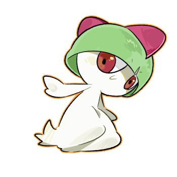 Rule 34 | 1other, blunt bangs, bowl cut, closed mouth, colored skin, foreigner (pixiv 119387446), from side, full body, gen 3 pokemon, green hair, happy, looking back, nintendo, orange outline, other focus, outline, pokemon, pokemon (creature), ralts, red eyes, short hair, simple background, smile, solo, white background, white skin