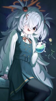 1girl absurdres black_dress black_pantyhose blue_archive blue_dress bow breasts bright_pupils brown_halo buttons collared_shirt diagonal-striped_ribbon dress flask grey_background grey_hair hair_ornament hair_over_one_eye halo hand_on_table highres holding holding_flask kamory kanoe_(blue_archive) long_hair long_sleeves messy_hair multicolored_eyes one_eye_closed orange_eyes pale_skin pantyhose pinafore_dress potion puffy_long_sleeves puffy_sleeves red_ribbon ribbon shirt short_twintails sleeveless sleeveless_dress small_breasts solo spiked_hair twintails two-tone_eyes wavy_mouth white_shirt