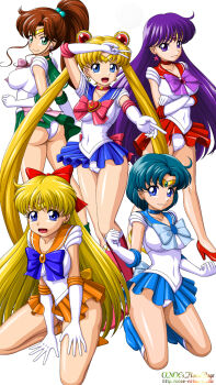 5girls ahoge aino_minako artist_name ass back_bow bishoujo_senshi_sailor_moon bishoujo_senshi_sailor_moon_s blonde_hair blue_eyes blue_footwear blue_hair blue_sailor_collar blue_skirt boots bow bowtie breasts brooch brown_hair cameltoe choker closed_mouth clothes_lift collarbone commentary covered_erect_nipples crescent crescent_earrings crescent_wand crossed_arms diadem double_bun earrings elbow_gloves eyelashes gloves green_choker green_footwear green_sailor_collar green_skirt hair_bobbles hair_bow hair_bun hair_ornament hands_on_thighs high_ponytail highres hino_rei inner_senshi jewelry kino_makoto knee_boots kneeling large_breasts legs leotard leotard_peek long_hair looking_at_viewer magical_girl miniskirt mizuno_ami multiple_girls onoe open_mouth orange_sailor_collar orange_skirt pleated_skirt ponytail purple_eyes purple_hair red_bow red_bowtie red_choker red_footwear red_sailor_collar red_skirt sailor_collar sailor_jupiter sailor_mars sailor_mercury sailor_moon sailor_senshi sailor_senshi_uniform sailor_venus short_hair sitting skirt skirt_lift smile standing star_(symbol) star_earrings thighs tongue tsukino_usagi twintails v very_long_hair wariza watermark web_address white_background white_leotard